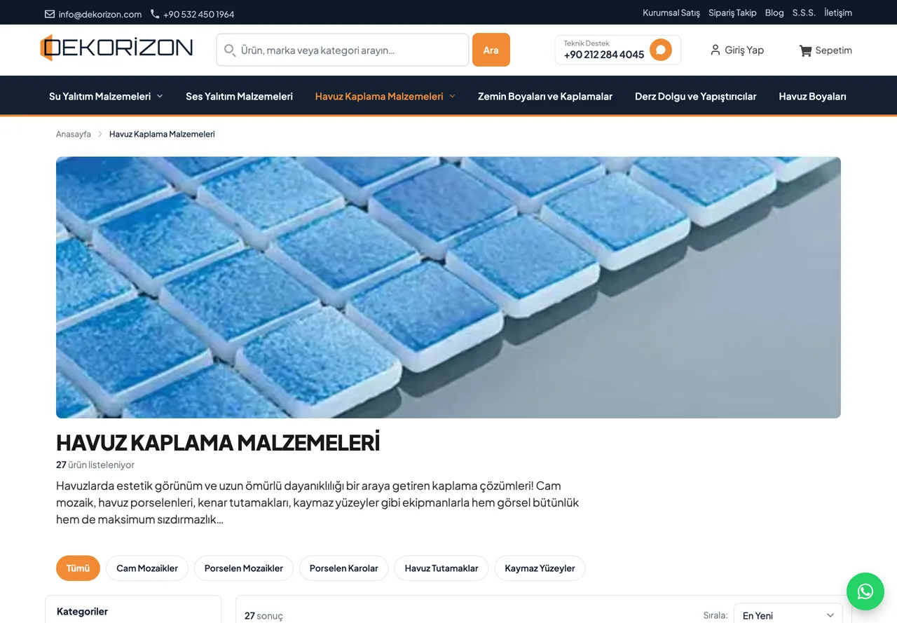 Havuz kaplama malzemeleri kategori sayfası, masaüstü görünüm