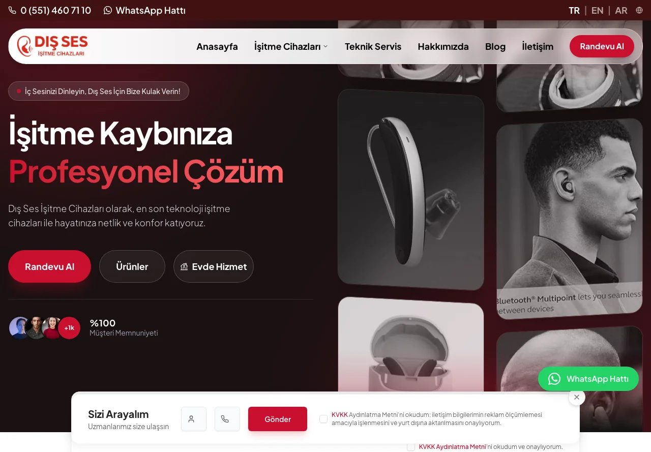 Dış Ses İşitme Cihazları ana sayfası, masaüstü görünüm