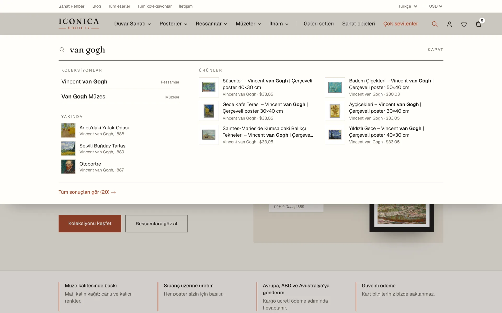 Suggesting search panel with collection and artwork results