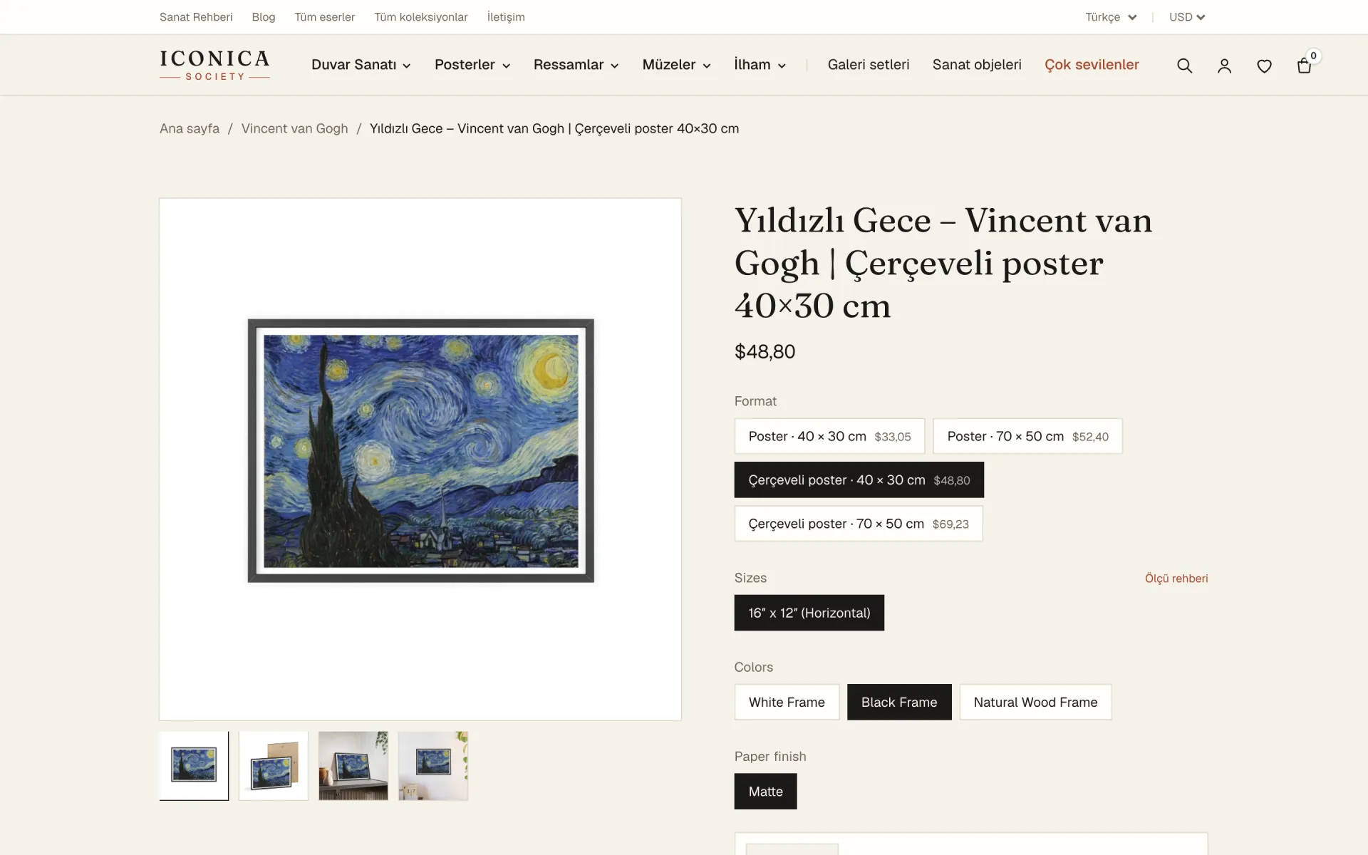 Product page with formats of the same artwork and a size guide