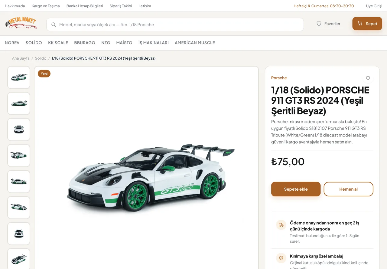 Die-cast model ürün sayfası, galeri ve satın alma alanı
