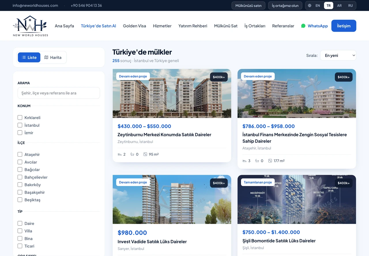 İlan listeleme sayfası, sol filtre paneli ve ilan kartları