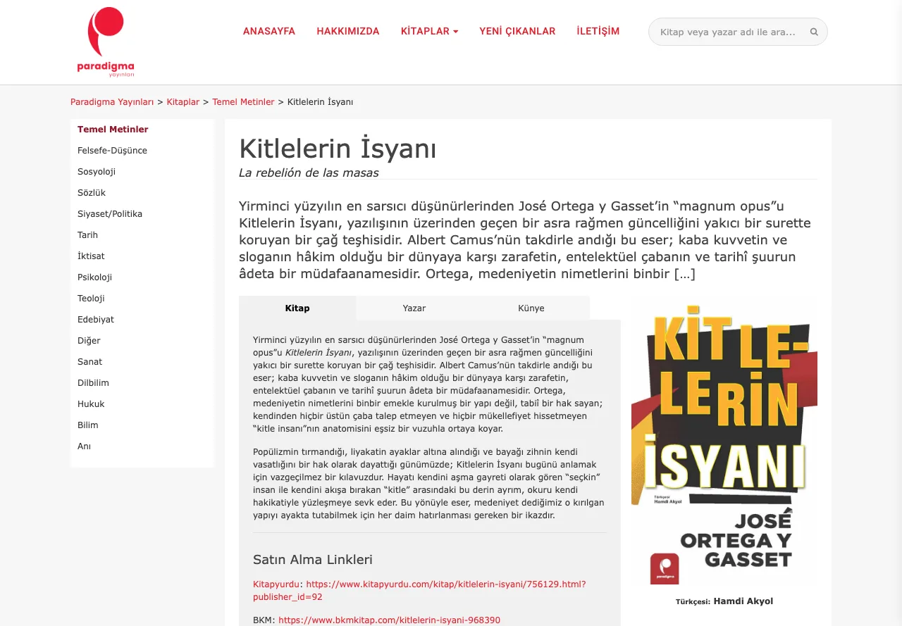 Kitap sayfası: sekmeli tanıtım, künye ve kapak görseli