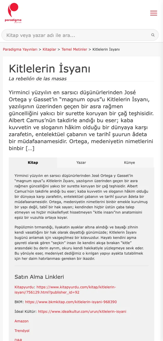 Kitap sayfası mobil görünümü