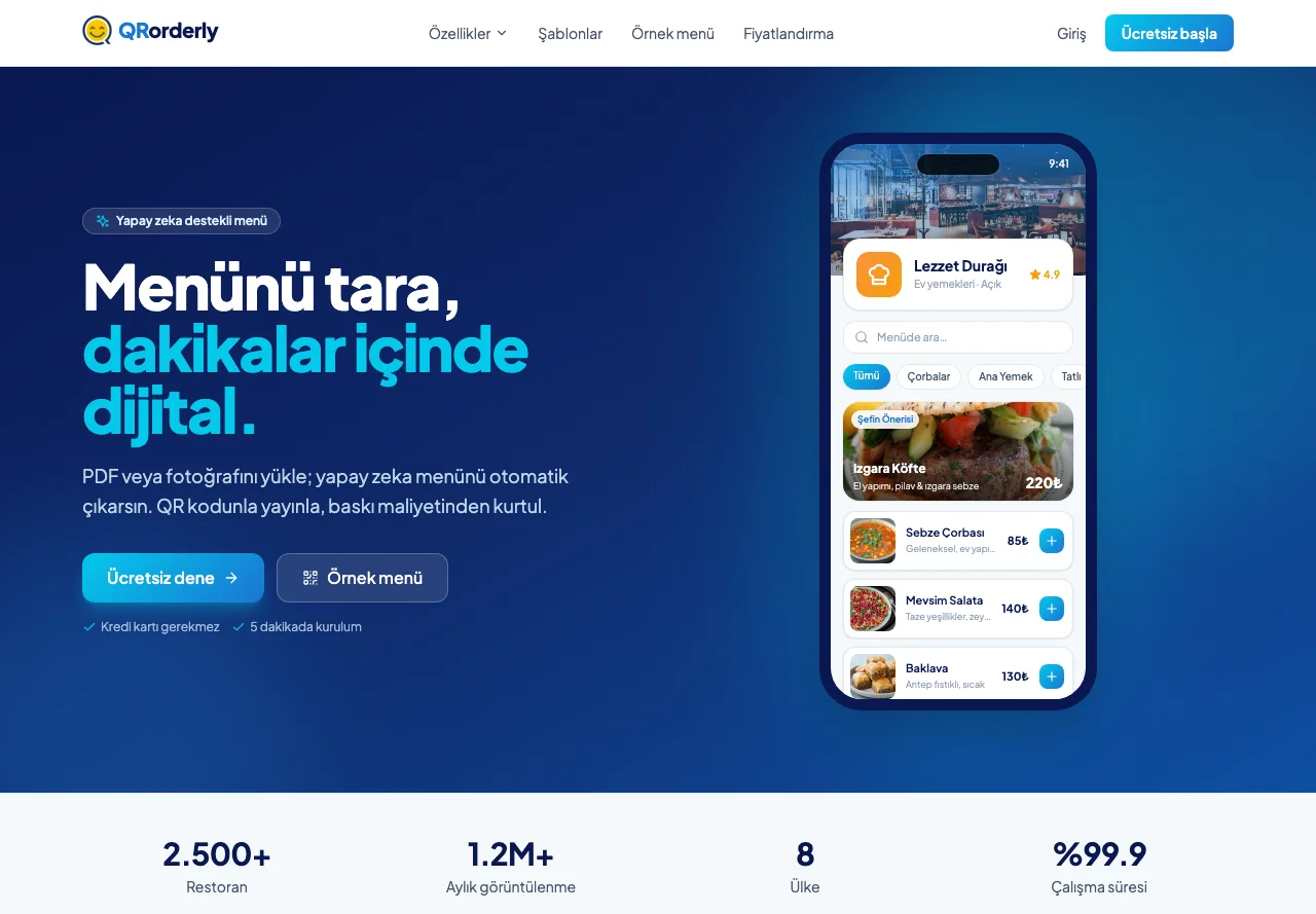 QRorderly tanıtım sitesi ana sayfası