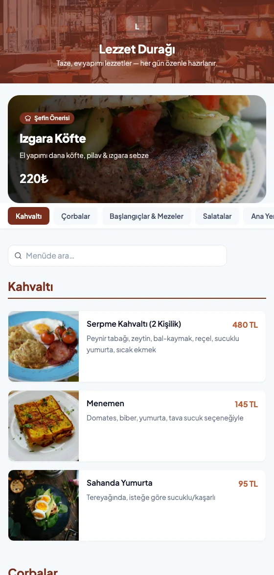 QR menü mobil görünümü