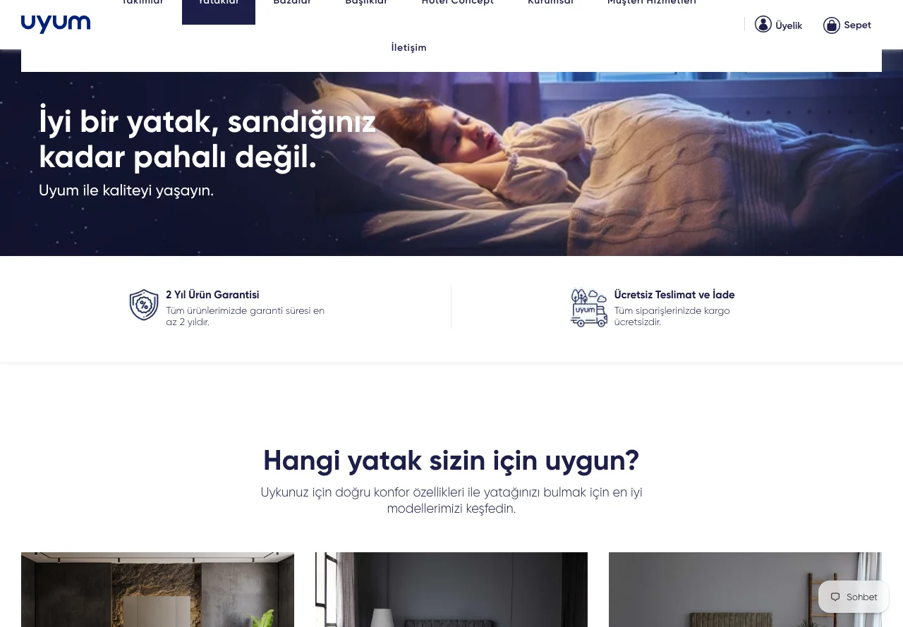 Yataklar koleksiyon sayfası, masaüstü görünüm