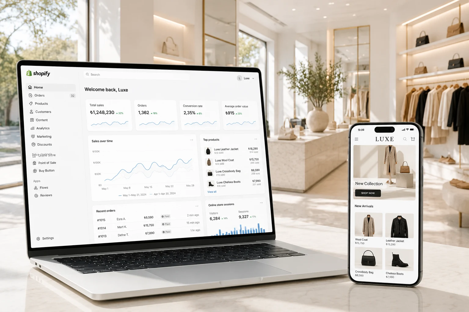 The Shopify admin and a mobile storefront inside a shop