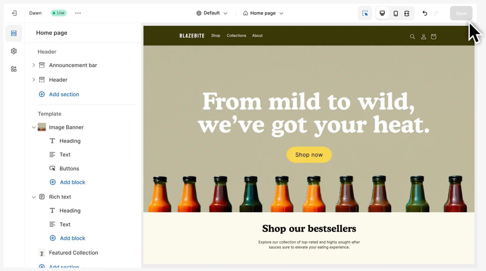Shopify tema düzenleyicisinde bir mağaza anasayfasının bölümleri